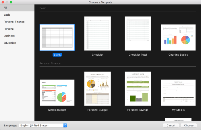 The template chooser. On the right are thumbnails of predesigned templates you can use to begin creating spreadsheets. A sidebar on the left lists template categories you can click to filter options.