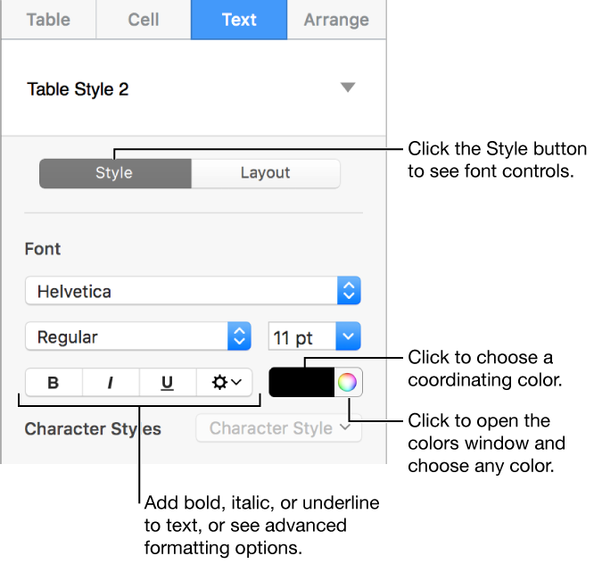 Control for styling table text