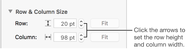 The controls for setting a precise row or column size