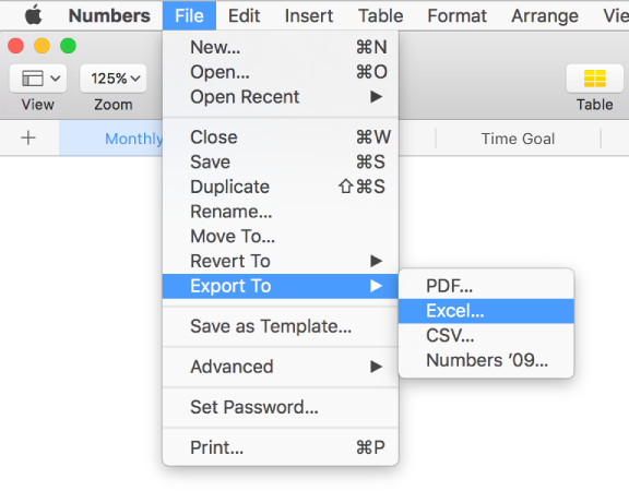 The File menu open with Export To selected, with its submenu showing export options for PDF, Excel, CSV, and Numbers '09