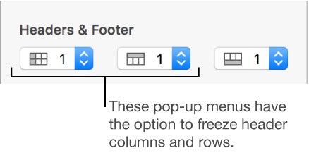 The pop-up menus for adding header and footer columns and rows to a table and for freezing header rows and columns