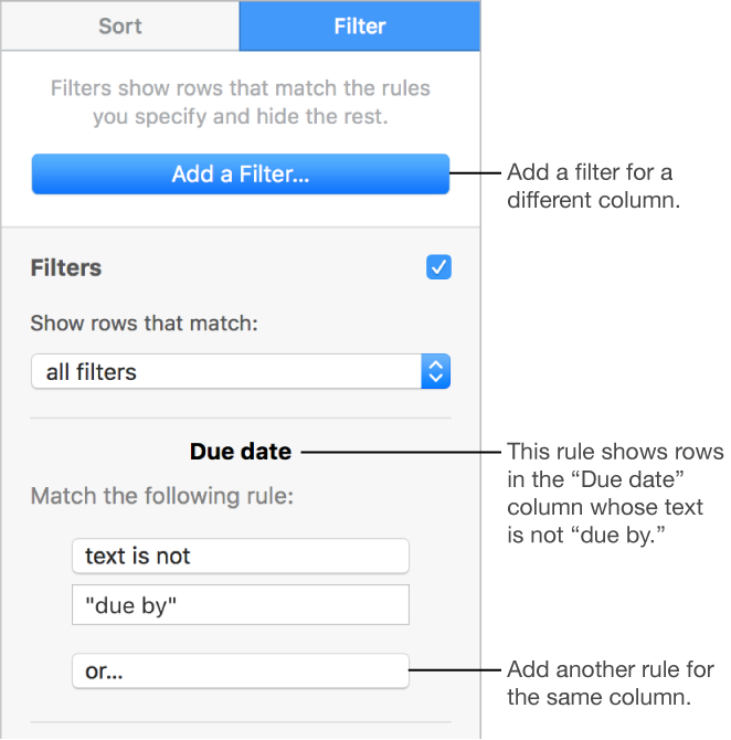 Controls for creating filtering rules