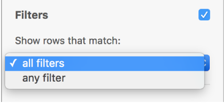 Pop-up menu to choose between showing rows that match all filters or any filers