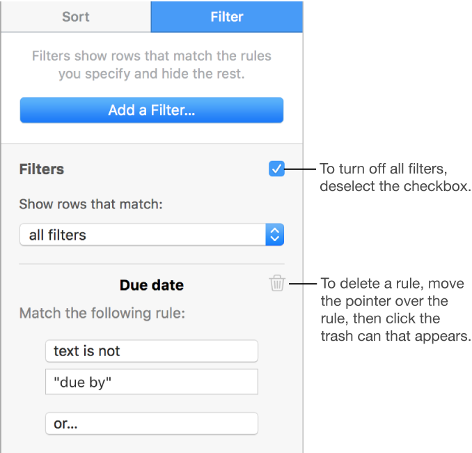 Controls for deleting a filter or turning off all filters