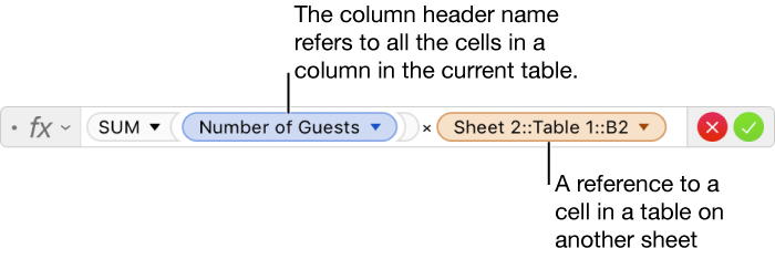 The Formula Editor showing a formula that refers to a column in one table and a cell in another table.