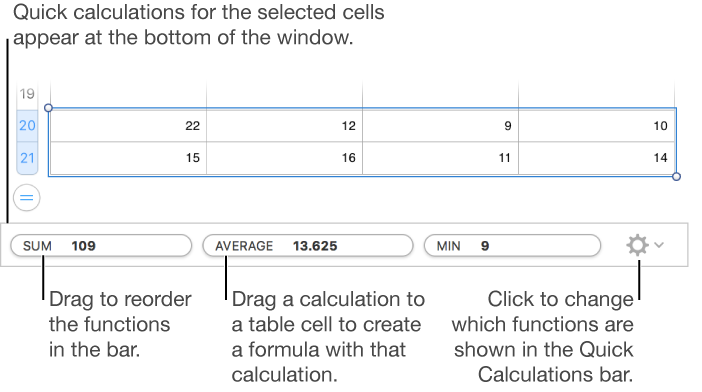 Drag to reorder functions, drag a calculation to a table cell to add it, or click menu to change which functions are shown