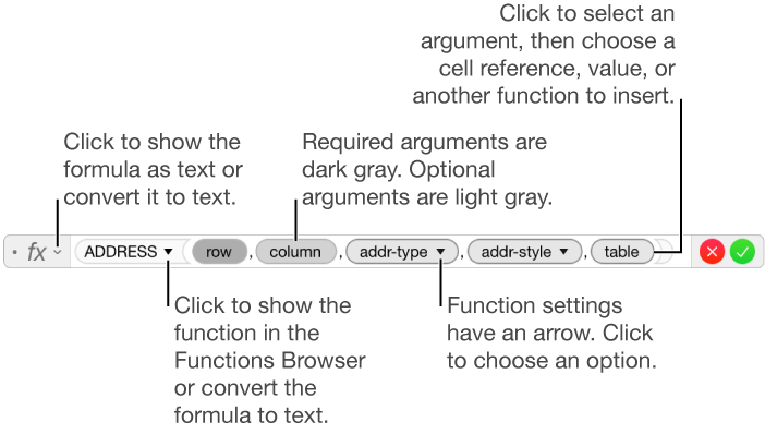 The formula editor showing the ADDRESS function and its arguments tokens