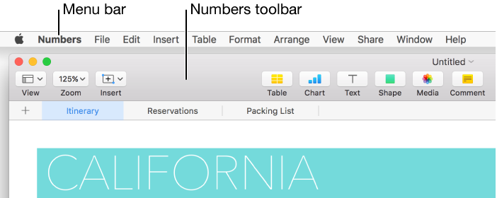 The Numbers toolbar with buttons for viewing options, adding formulas, objects, and comments, sharing with collaborators, showing tips, and opening Format and Sort & Filter sidebars.