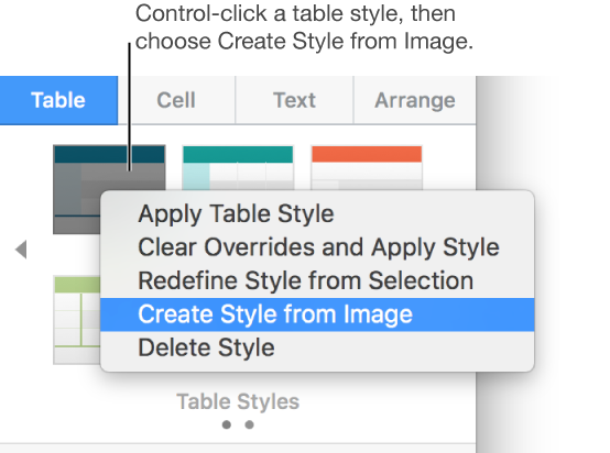 The table style shortcut menu