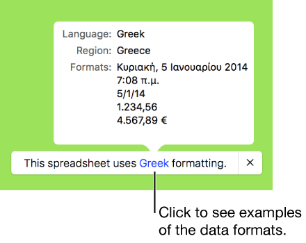 The notification of the different language and region setting, showing examples of the formatting in that language and region.