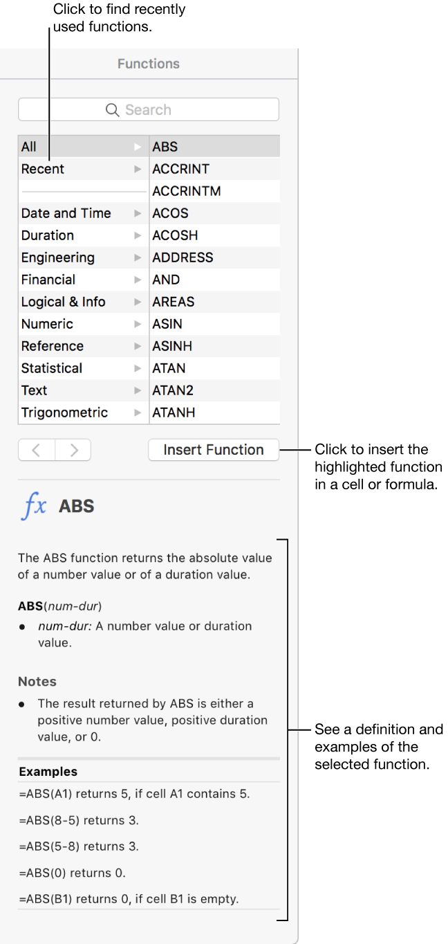 The Functions Browser with callouts to recently used functions, the Insert Function button, and the function definition.