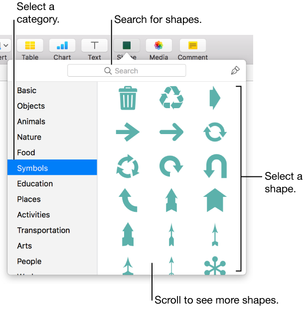 The shapes library, with categories listed on the left and shapes displayed on the right. You can use the search field at the top to find shapes and scroll to see more.