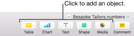 The Numbers window with callouts to the object buttons in the toolbar