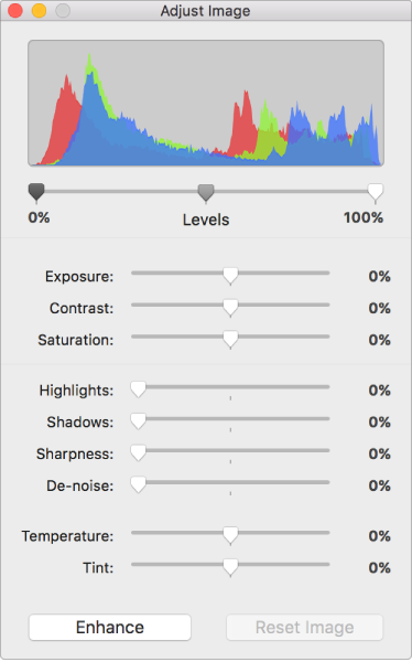 The Adjust Image window with sliders for setting exposure, contrast, saturation, highlights, shadows, sharpness, de-noise, temperature, and tint.