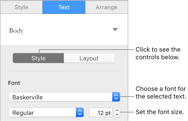 Text controls in the Style section of the Format sidebar for setting font and font size.