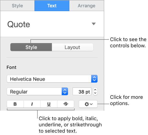 The Style controls in the sidebar with callouts to the Bold, Italic, Underline, and Strikethrough buttons.