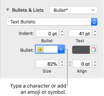 The Bullets & Lists section of the Format sidebar. The Bullet field shows a flower emoji.