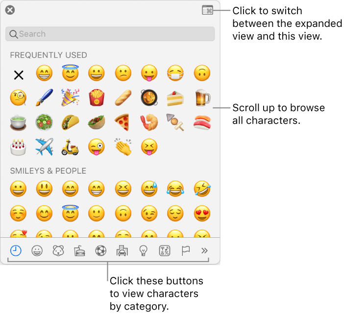 The Special Characters pop-up showing emoticons, buttons for different types of symbols at the bottom, and a callout to a button to show the full Characters window.