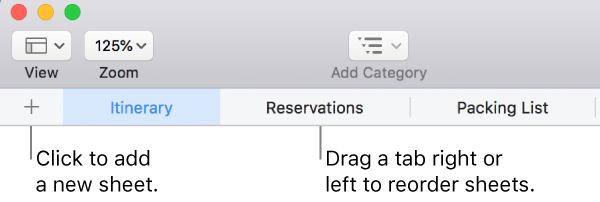 The tab bar for adding a new sheet and reorganizing sheets.
