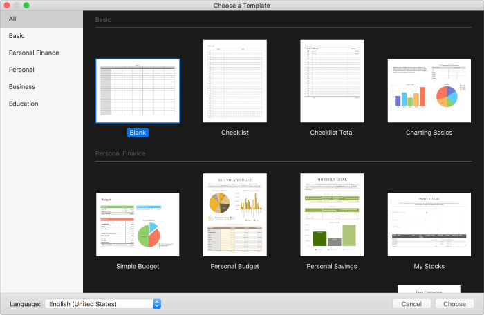 The template chooser with template categories on the left and template thumbnails on the right. The Language pop-up menu is in the bottom-left corner.