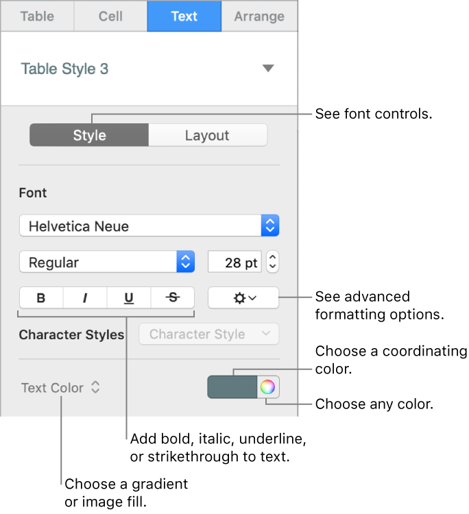 Control for styling table text.