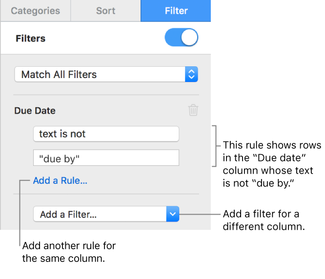 Controls for creating filtering rules.