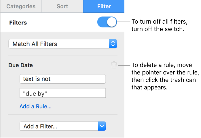 Controls for deleting a filter or turning off all filters.