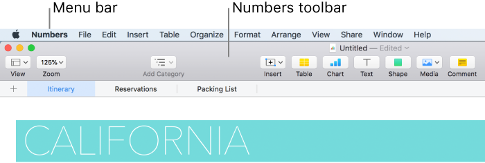 The menu bar at the top of the screen with Apple, Numbers, File, Edit, Insert, Format, Arrange, View, Share, Window, and Help menus. Below the menu bar is an open Numbers spreadsheet with toolbar buttons across the top for View, Zoom, Add Category, Insert, Table, Chart, Text, Shape, Media, and Comment.