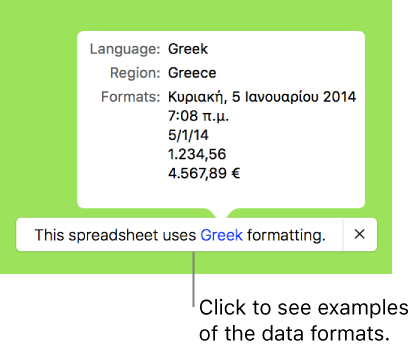 The notification of the different language and region setting, showing examples of the formatting in that language and region.