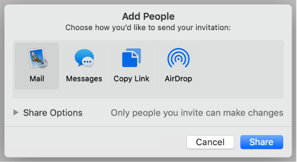 The collaboration settings window with a Share button at the bottom.