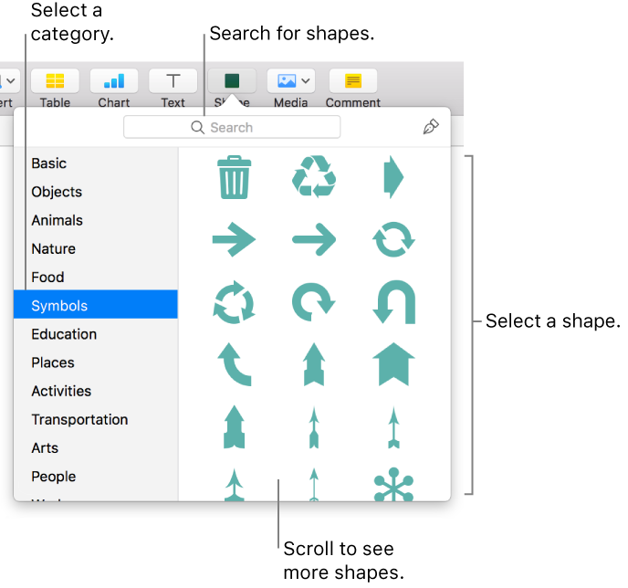 The shapes library, with categories listed on the left and shapes displayed on the right. You can use the search field at the top to find shapes and scroll to see more.