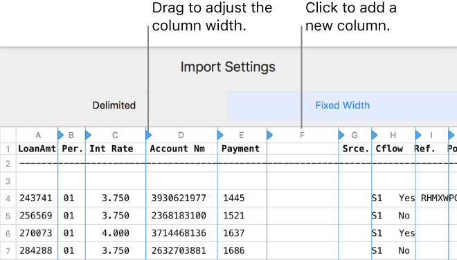 The import settings for a fixed-width text file.