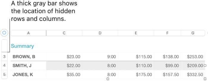 A thick gray bar that shows the location of hidden rows and columns