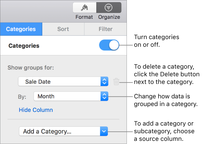 The categories sidebar with options for turning categories off, deleting categories, regrouping data, hiding a source column, and adding categories.