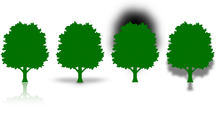 Four tree shapes with different reflections and shadows. One has a reflection, one has a contact shadow, one has a curved shadow, and one has a drop shadow.
