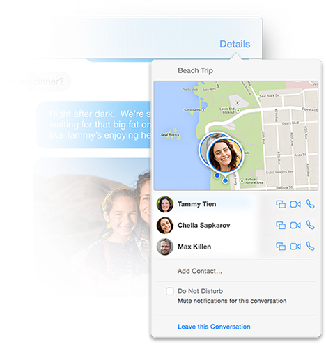 Details window showing a map with participant's locations, a list of participants, and options for Do Not Disturb and Leave this Conversation