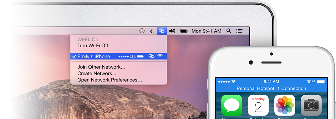 MacBook Air Wi-Fi menu is open with Emily's iPhone selected to connect to her personal hotspot