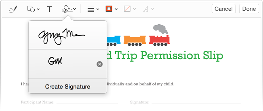 A permission slip form with the Signatures menu open