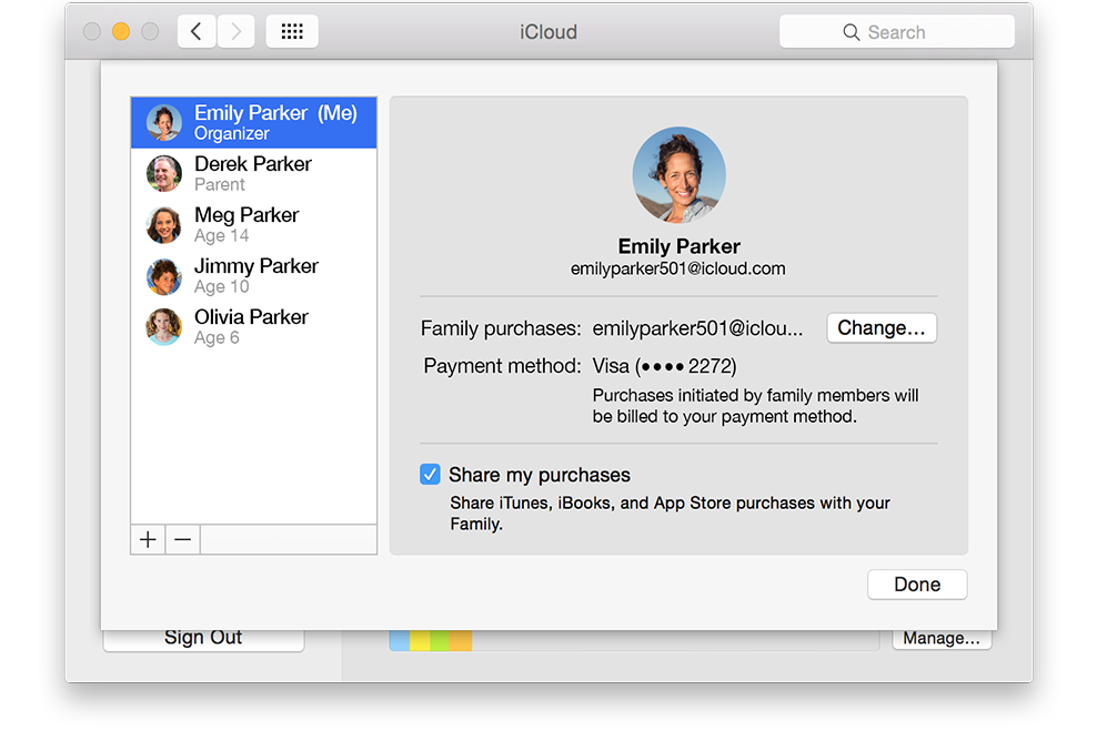 iCloud prefences pane showing details for managing a Family Sharing account