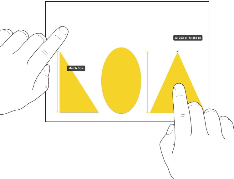 Ein Finger knapp über einer Form, ein zweiter Finger fest auf einem Objekt und eingeblendete Option „Größe anpassen“