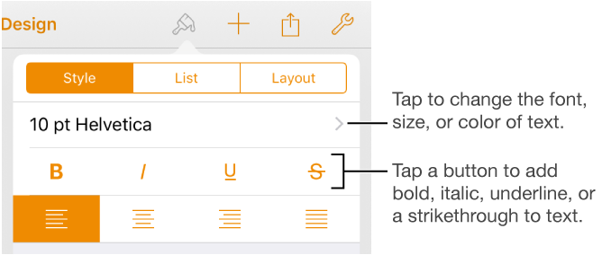Font controls in the  Style pane of the Format button