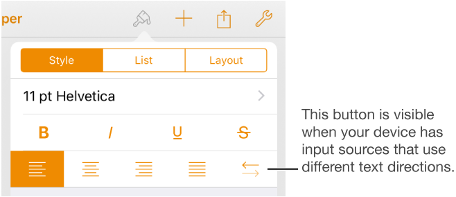 The Style section of the Format button with a callout to the bidirectional button