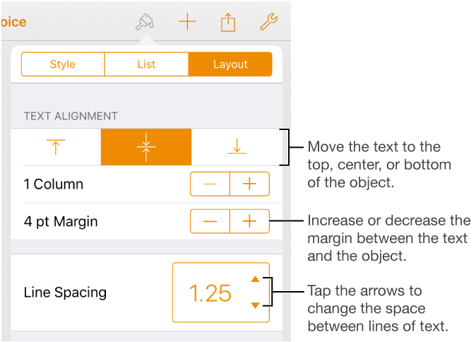 The Layout pane with callouts to the text alignment and spacing buttons