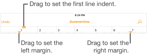 The ruler with callouts to the left margin marker, first line indent marker, and right margin marker