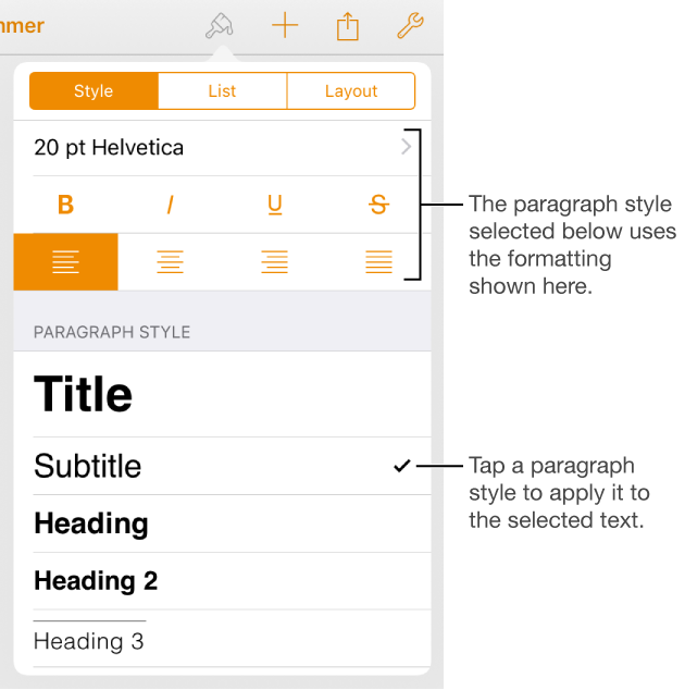 The Style pane of the Format menu showing controls for setting font, character style, alignment, and paragraph style
