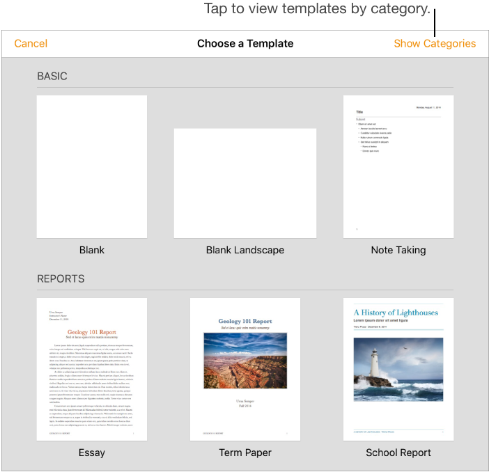 Templates with Cancel and Show Categories buttons