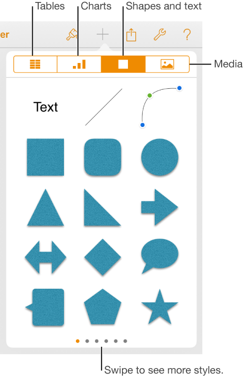 The popover for adding an object, with buttons at the top to choose tables, charts, objects (including lines, shapes, and text boxes), and media