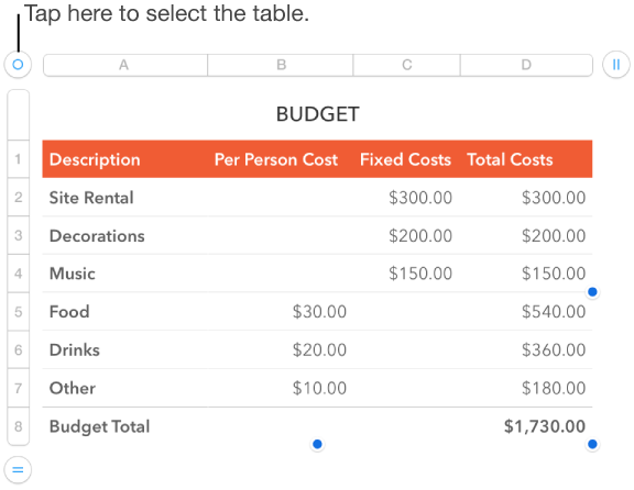 A table with the selection handle in the upper-left corner