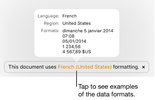 The notification of the different language and region setting, showing examples of the formatting in that language and region.