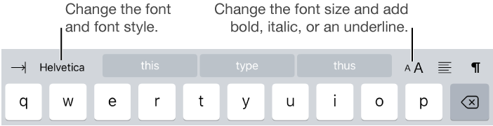 The text formatting buttons above the keyboard, starting on the left with indent, font style, three predictive text fields, font size, alignment, and insert.